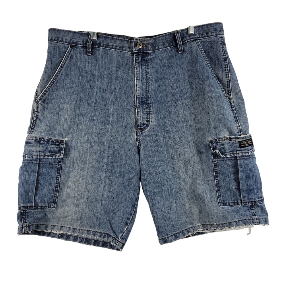 Wrangler Cargo Shorts Mens 42 Blue Denim Authentic Issue Raw Hem